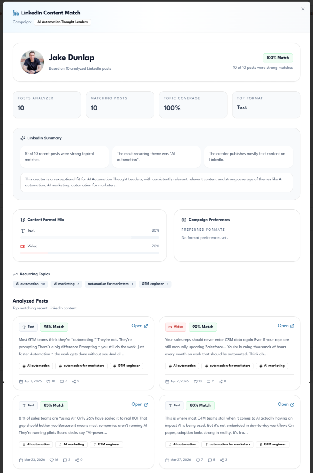 Toksta Content Match analysis showing keyword scoring, format breakdown, and top matching LinkedIn posts